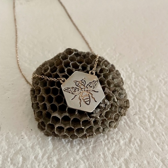 Gold Bee Stamped Hexagon Pendant Necklace - Picture 3 of 6